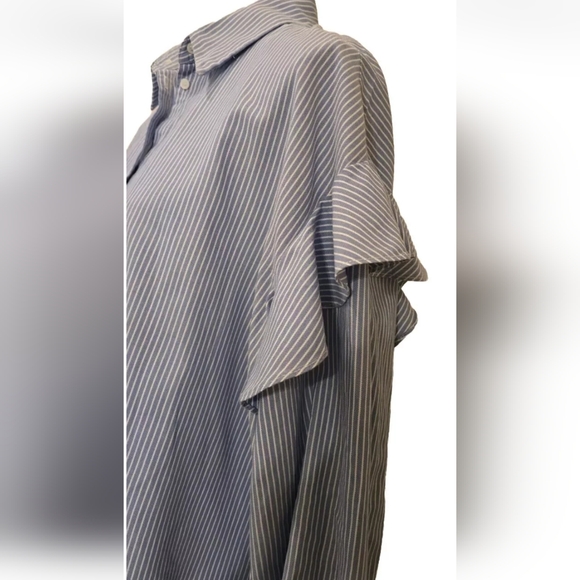 Zara Woman Blue Pinstripe Ruffle Shoulder Frill Button UP Long Sleeve Blouse PL - Picture 7 of 15